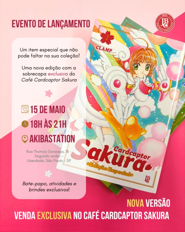 🌟 GRANDE NOVIDADE PARA OS FÃS DE SAKURA! 🌟 Uma nova edição de Cardcaptor Sakura, com uma sobrecapa exclusiva, acaba de chegar — e você só vai encontrar no Café Cardcaptor Sakura, na Liberdade/SP! 🌸💫Essa é uma verdadeira joia para colecionadores: a consagrada edição do mangá ganha agora uma sobrecapa inédita, cheia de detalhes que capturam toda a magia do universo criado pelas CLAMP.📣 Você é nosso convidado especial! Venha celebrar com a gente no evento de lançamento, no dia 15 de maio, das 18h às 21h, no AkibaStation. Teremos atividades especiais, surpresas para os fãs e, claro, a nova edição disponível para compra!📅 Lançamento oficial: 15 de maio 🎉 Evento especial no AkibaStation @akibastationsp 📍 R. Thomaz Gonzaga, 18 – 2º andar – Liberdade – São Paulo/SP ⏰ Das 18h às 21h 🛍️ Venda exclusiva no Café Cardcaptor Sakura — não será vendida em lojas físicas ou online!💖 Uma celebração única para quem cresceu com a Sakura e quer eternizar essa paixão na coleção!#CardcaptorSakura #CLAMP #JBC #MangáExclusivo #LançamentoEspecial #LiberdadeSP #CaféCardcaptorSakura